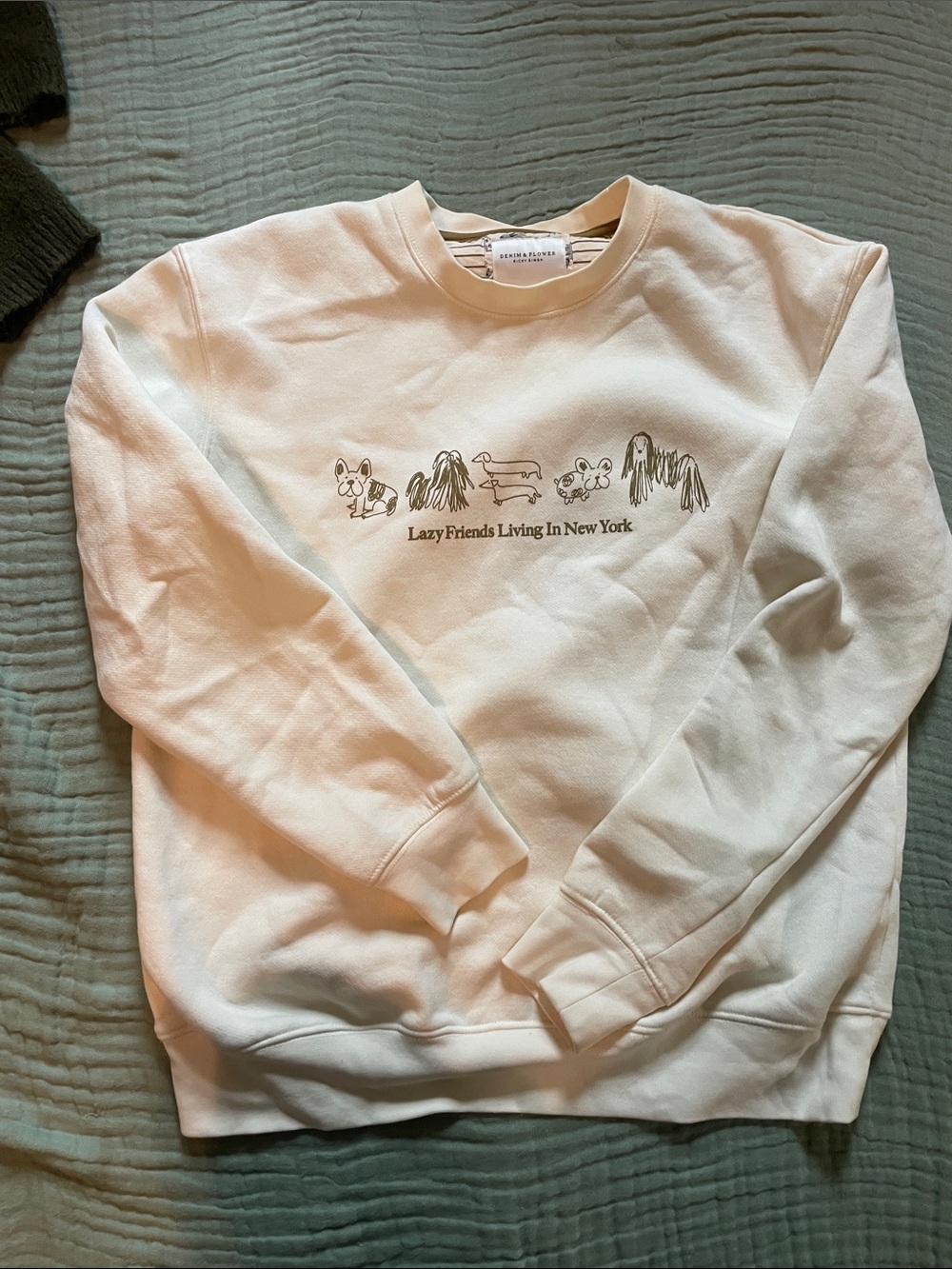 Denim & Flower Cream Crewneck Sweatshirt with Dog Graphic